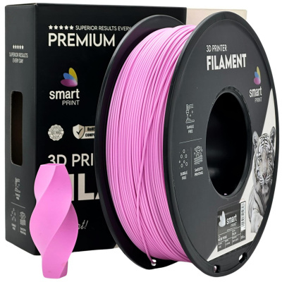 Rolo de filamento rosa para impressora 3D com embalagem e modelo impresso