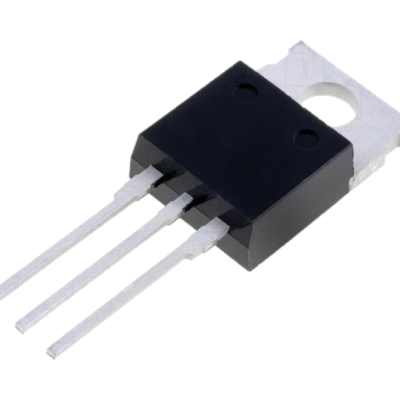 Transistor preto com três pinos e topo metálico