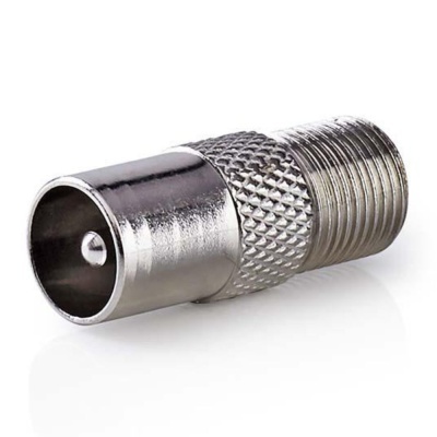 Adaptador metálico para cabo coaxial com pino central e roscas.