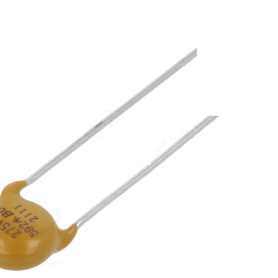 Varistor amarelo com pernas metálicas e texto impresso