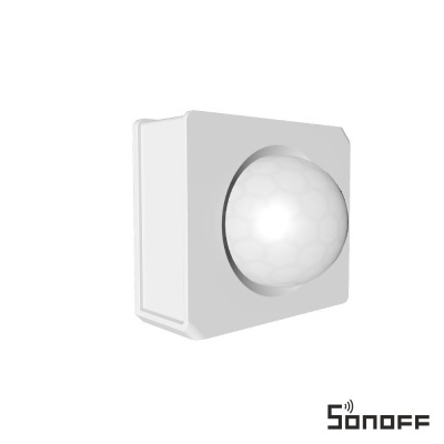 Sensor de movimento Sonoff branco com botão redondo e padrão hexagonal