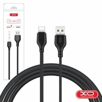 Cabo USB preto XO-NB103 com embalagem branca e vermelha