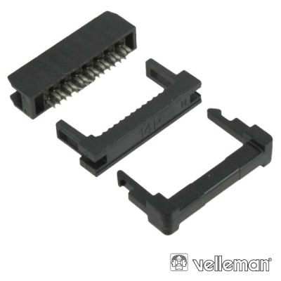 Conector elétrico preto com terminais metálicos, com logótipo Velleman no canto