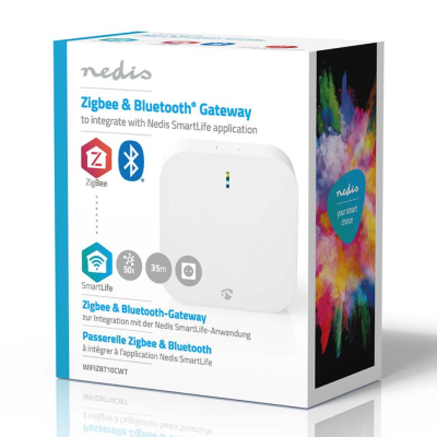Caixa do produto Nedis Zigbee & Bluetooth Gateway branca com texto e logótipos multilingues.