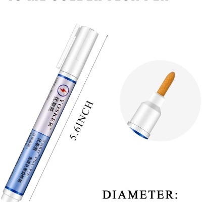 Caneta de fluxo de solda branca com rótulo azul e ponta amarela de espuma