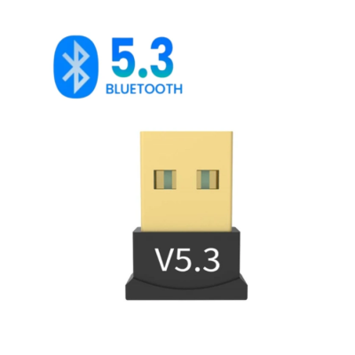 Adaptador USB Bluetooth V5.3 preto e dourado com ícone Bluetooth azul.