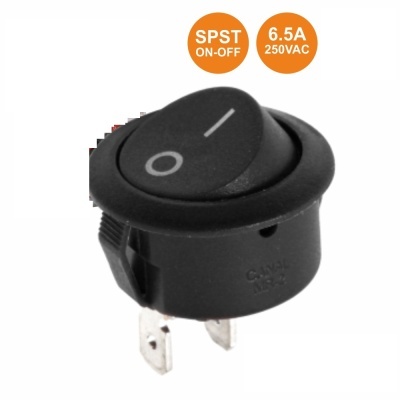 Interruptor redondo preto com símbolos I/O e texto SPST ON-OFF 6.5A 250VAC