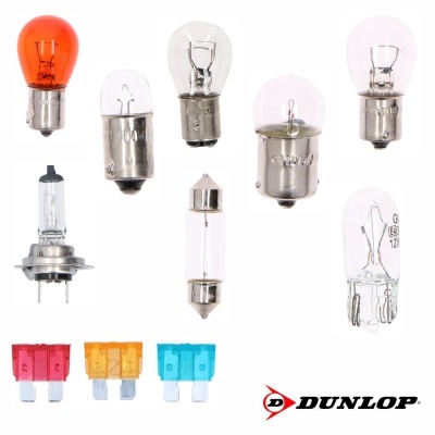 Conjunto de lâmpadas automóveis de vários tipos e cores com a marca DUNLOP