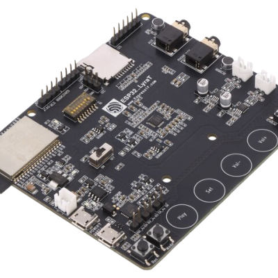 Placa eletrónica preta com componentes e etiquetas de texto