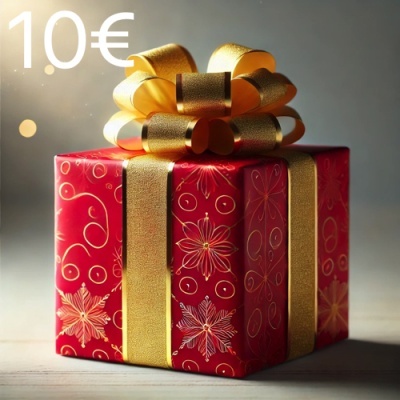 Presente vermelho com laço dourado e texto '1.0€' ao fundo cinza