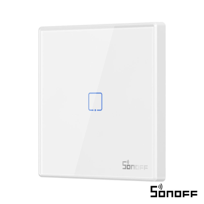 Interruptor tátil de parede Sonoff branco com símbolo azul e texto Sonoff