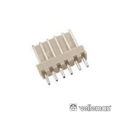 Conector eletrônico de 6 pinos creme com terminais metálicos e logótipo Velleman