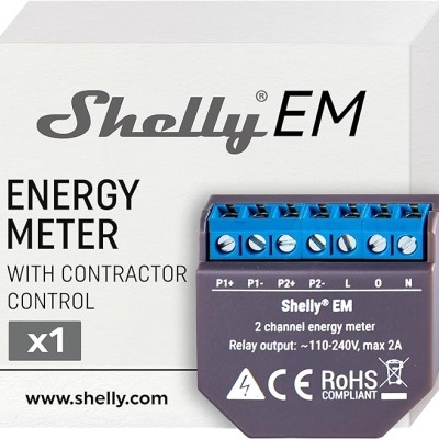 Medidor de energia Shelly EM cinza com terminais azuis em embalagem branca