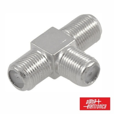 Conector em T metálico com 3 roscas e logótipo Alpha Elettronica