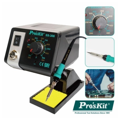 Estação de solda Pro'sKit SS-306 com botão de temperatura e suporte com esponja amarela