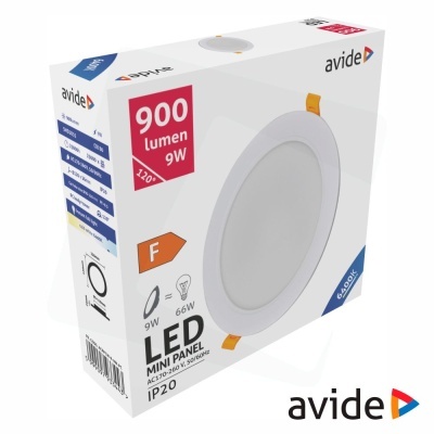 Embalagem branca de LED Mini Panel redondo da marca avide, com indicação 900 lumen 9W e IP20