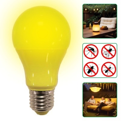Lâmpada amarela E27 com imagens a mostrar uso exterior e símbolo de insetos proibidos