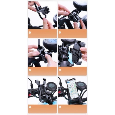 Montagem e uso de suporte de telemóvel para bicicleta em plástico preto.