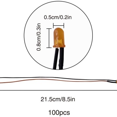 LED ambar com fios e medições ao redor, texto indica 100 peças disponíveis