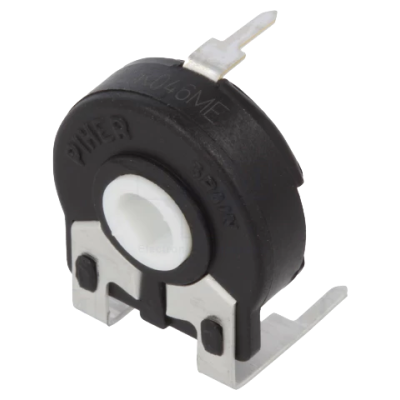 Potenciometro preto com centro branco e lâminas metálicas