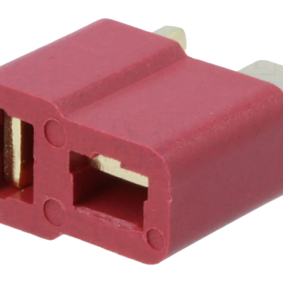 Conector elétrico vermelho de plástico com dois terminais metálicos