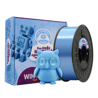 Bobina de filamento azul para impressão 3D com figura de coruja azul e embalagem com texto em espanhol