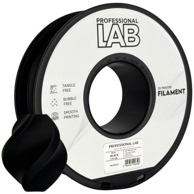 Rolo de filament preto para impressora 3D Professional Lab com suporte e peça impressa.