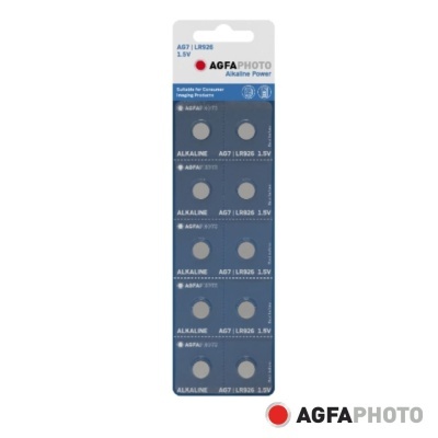 Cartela de 10 pilhas alcalinas AGFA PHOTO A67 LR926 1.5V em embalagem azul e branca