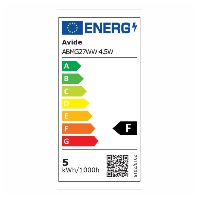 Etiqueta de eficiência energética modelo Avide ABMG27WW-4.5W com classificação F e consumo de 5 kWh/1000h
