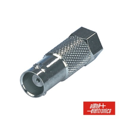 Conector coaxial metálico prateado com logótipo ALPHA + ELETTRONICA