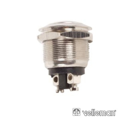 Interruptor metálico cilíndrico prateado com base preta e terminais