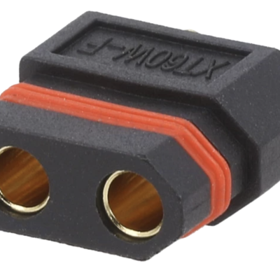 Conector elétrico preto com isolamento vermelho e duas entradas metálicas