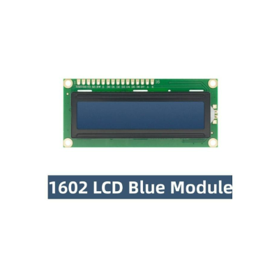 Módulo LCD 1602 azul com moldura verde e texto com nome do produto