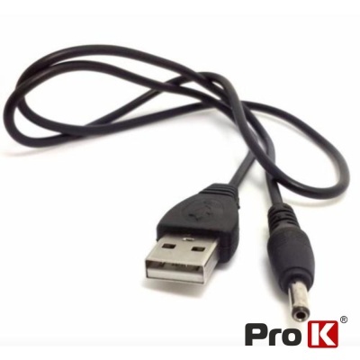 Cabo USB e conector redondo preto sobre fundo branco com logótipo Pro K