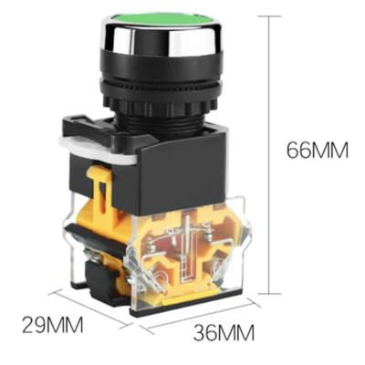 Botão interruptor com botão verde e partes em preto, amarelo e transparente