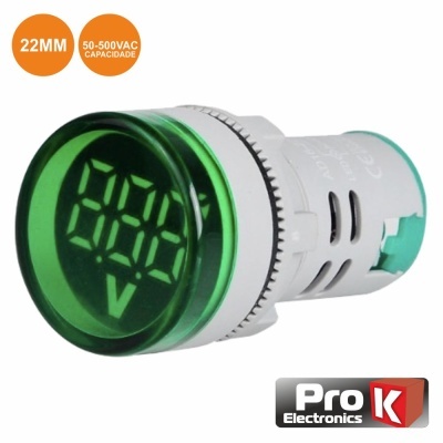 Indicador digital de voltagem verde com aro verde e corpo branco Pro K Electronics