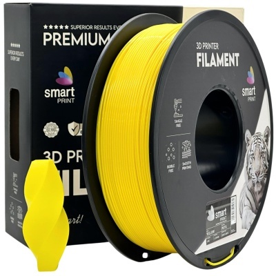 Carretel de filamento amarelo para impressora 3D com embalagem preta e peça impressa amarela