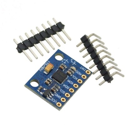 Placa eletrónica azul com componentes e dois conjuntos de pinos metálicos preto e prata