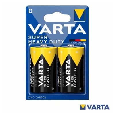 Pack de duas pilhas tamanho D VARTA Super Heavy Duty zinco-carbono em embalagem azul