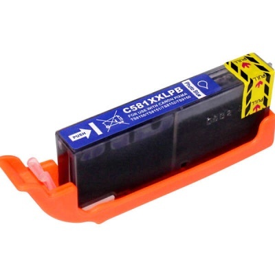 Cartucho de tinta preto com suporte laranja e etiqueta azul