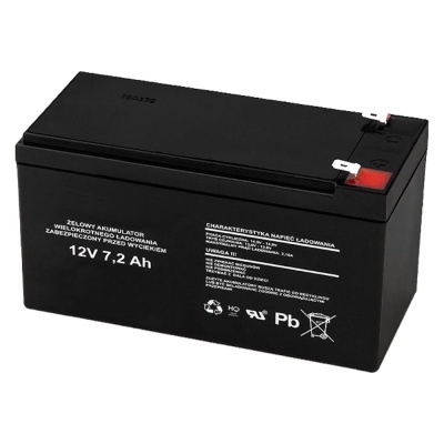Bateria de gel preta 12V 7,2 Ah com etiquetas brancas e terminais metálicos