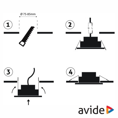 Instruções ilustrativas para instalação de luminária embutida com texto e logotipo avide