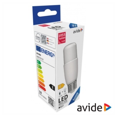 Embalagem de lâmpada LED Avide branca e azul com informações de lumen, potência e etiqueta energética