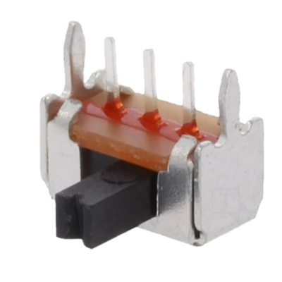 Interruptor deslizante electrónico pequeno com carcaça metálica e base laranja