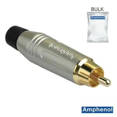 Conector RCA Amphenol metálico prateado com ponta dourada e base preta