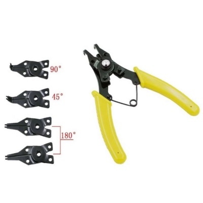 Alicate com punhos amarelos e diferentes bocas ajustáveis para ângulos 90, 45 e 180 graus
