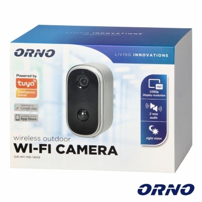 Caixa da câmara wireless exterior ORNO Wi-Fi com imagem do produto e descrições