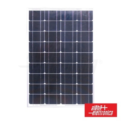 Painel solar monocristalino preto com moldura branca e logótipo alpha elettronica