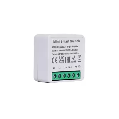 Interruptor inteligente Mini Smart Switch branco com texto de especificações e conexões elétricas