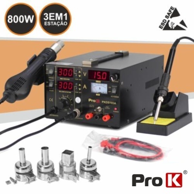 Estação de soldadura Pro K PKDS103A com vários acessórios e displays digitais
